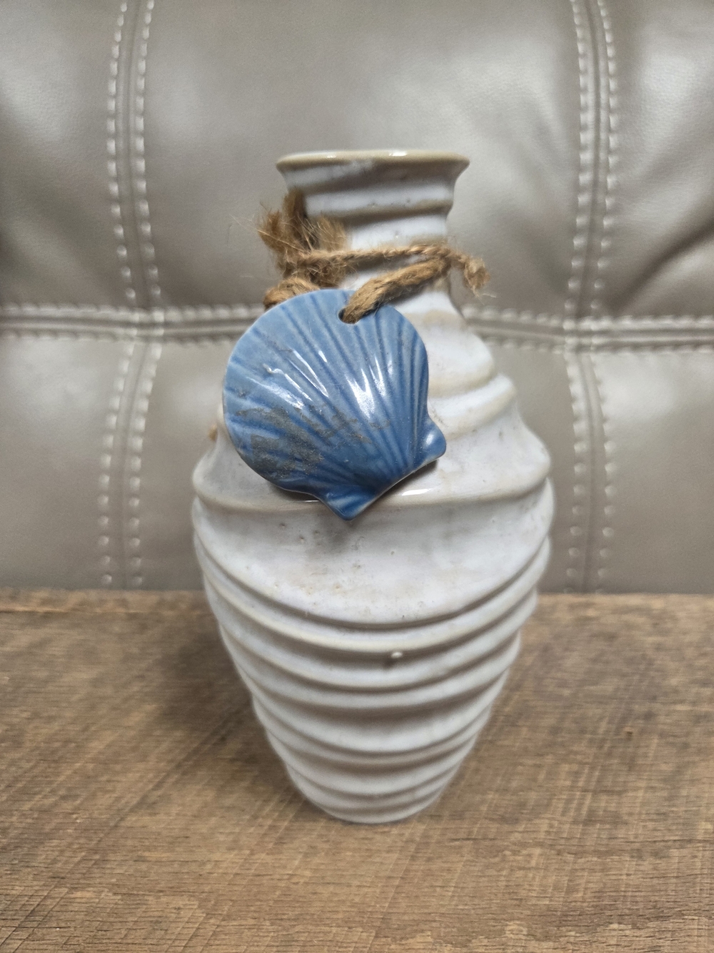 Vintage Coastal Ceramic Vase 8" Swirl Ribbed Pottery w/ Twine & Blue Seashell